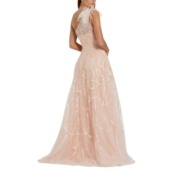 Mac Duggal 20389 Size 18 Peach Pink Embellished One Shoulder Feather Gown Dress - Picture 5 of 6